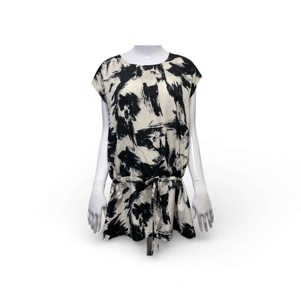 The Limited black cream dress cinch tie waist brush stroke tunic dress XS - Picture 11 of 14